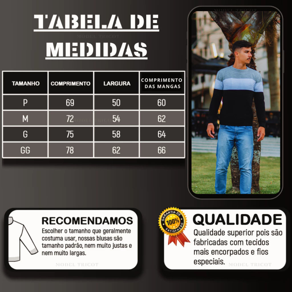 Suéter Masculino Listrado Inverno Manga Longa Blusa Masculina de Frio Tricô