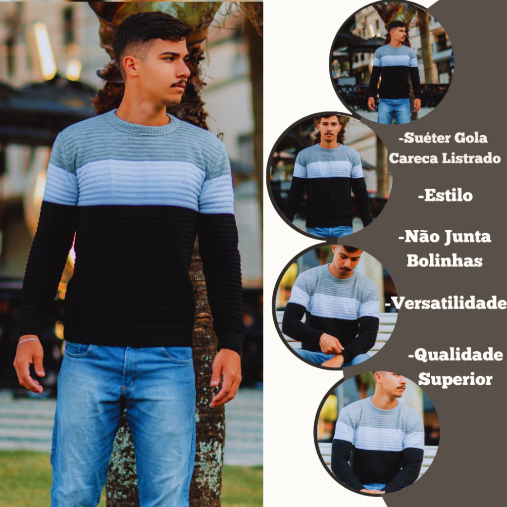 Suéter Masculino Listrado Inverno Manga Longa Blusa Masculina de Frio Tricô