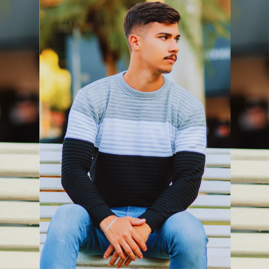 Suéter Masculino Listrado Inverno Manga Longa Blusa Masculina de Frio Tricô