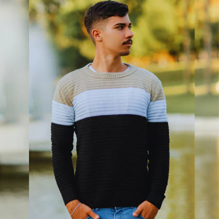 Suéter Masculino Listrado Inverno Manga Longa Blusa Masculina de Frio Tricô