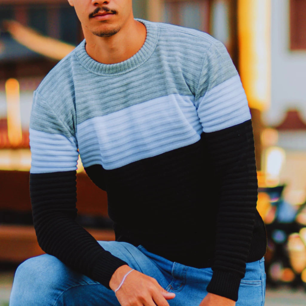 Suéter Masculino Listrado Inverno Manga Longa Blusa Masculina de Frio Tricô