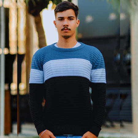Suéter Masculino Listrado Inverno Manga Longa Blusa Masculina de Frio Tricô