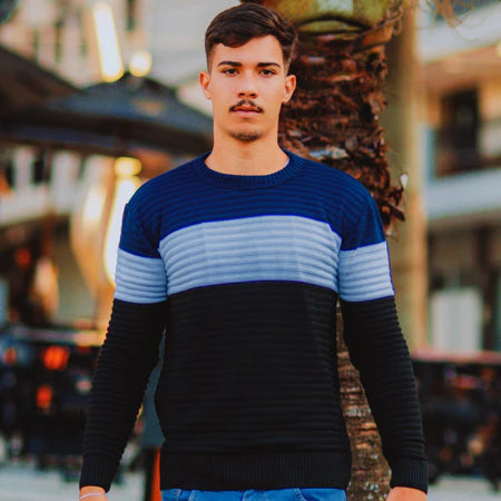 Suéter Masculino Listrado Inverno Manga Longa Blusa Masculina de Frio Tricô
