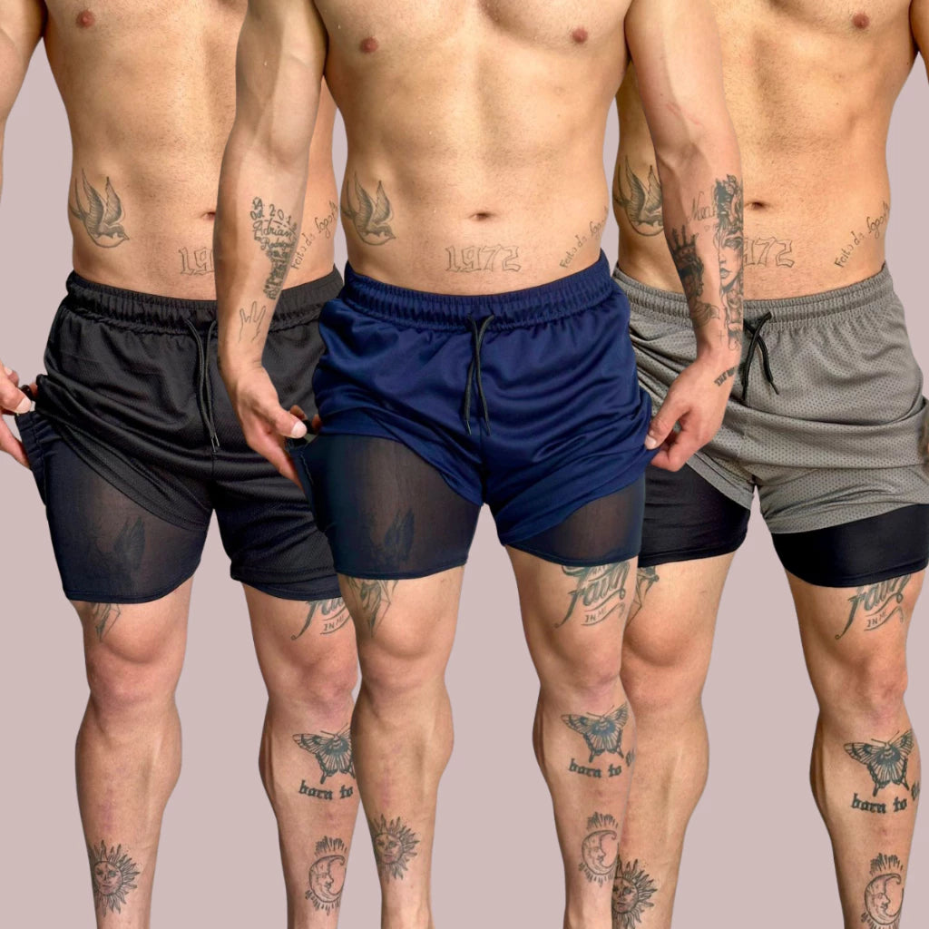 KIT 3 Shorts 2 em 1 Bermuda Compressão Masculino Dry Fit Elastano - Frete Grátis