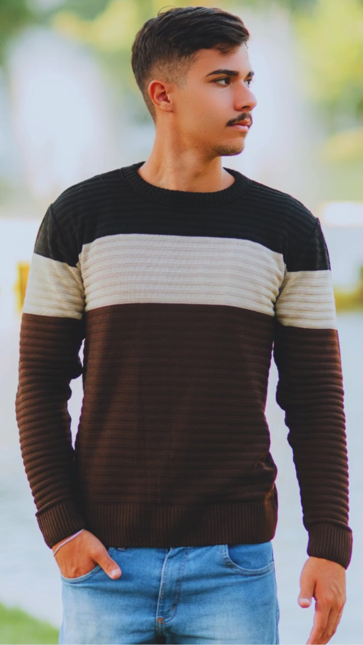 Suéter Masculino Listrado Inverno Manga Longa Blusa Masculina de Frio Tricô